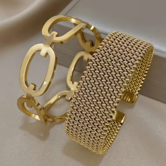 STAINLESS STEEL Jewelry - 2pcs Elegant 316L Stainless Steel Bracelet Set - Fashionable Hollow Ring Design